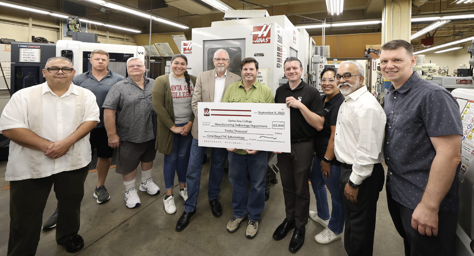 From Left to Right - Jason Rios, Joshua Bedwell, Thomas Bright, Xochitl Swenson, Dr. Jeffrey Lamb, Michael Buechler, Matt Valerius, Melissa Felter, Nick Singh, and Alex Zonin—receiving a $12,000 Gene Haas foundation grant for student scholarships.